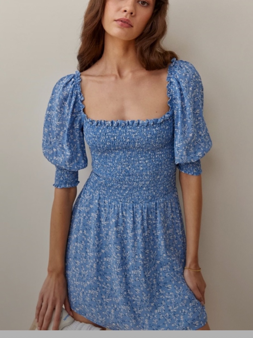 Reformation Floral Smocked Puff Sleeve Dress mini size0